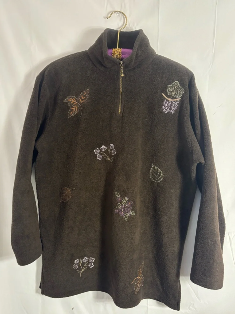 VTG Brown Embroidered‎ 1/4 Zip Artsy Boho Cozy Fleece Spring Sweater Size M